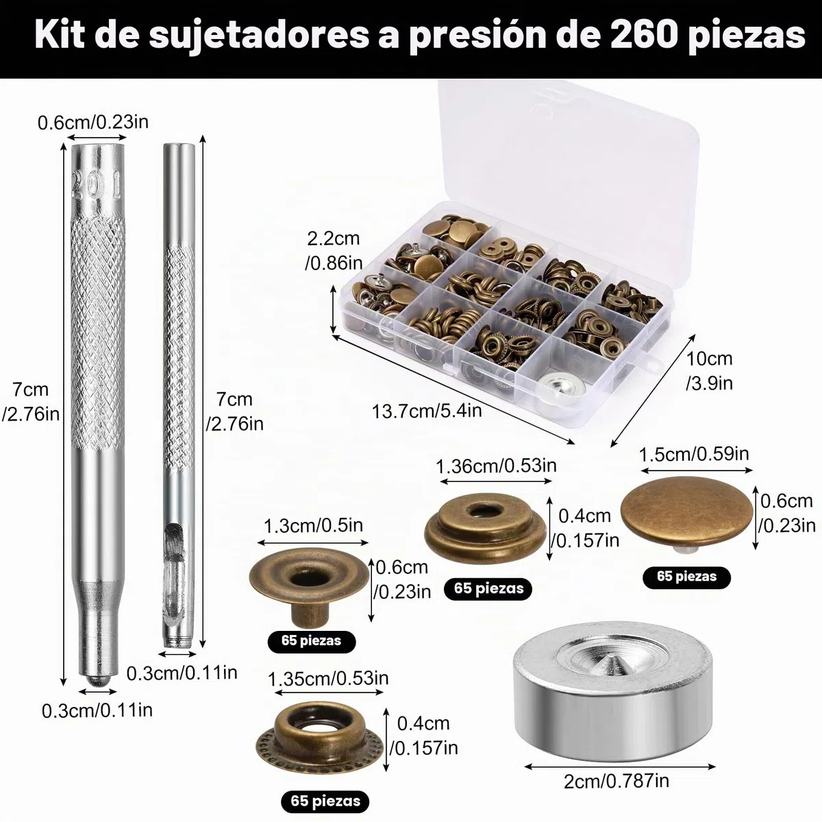 Amentalove 260Pcs Corchetes de Presion Metalicos,15mm Botones de Presion, Botones a Presion, Kit Cierre a Presión con 3 Herramientas, Corchetes de Presion Metalicos para Bolsos Jeans Ropa Tela