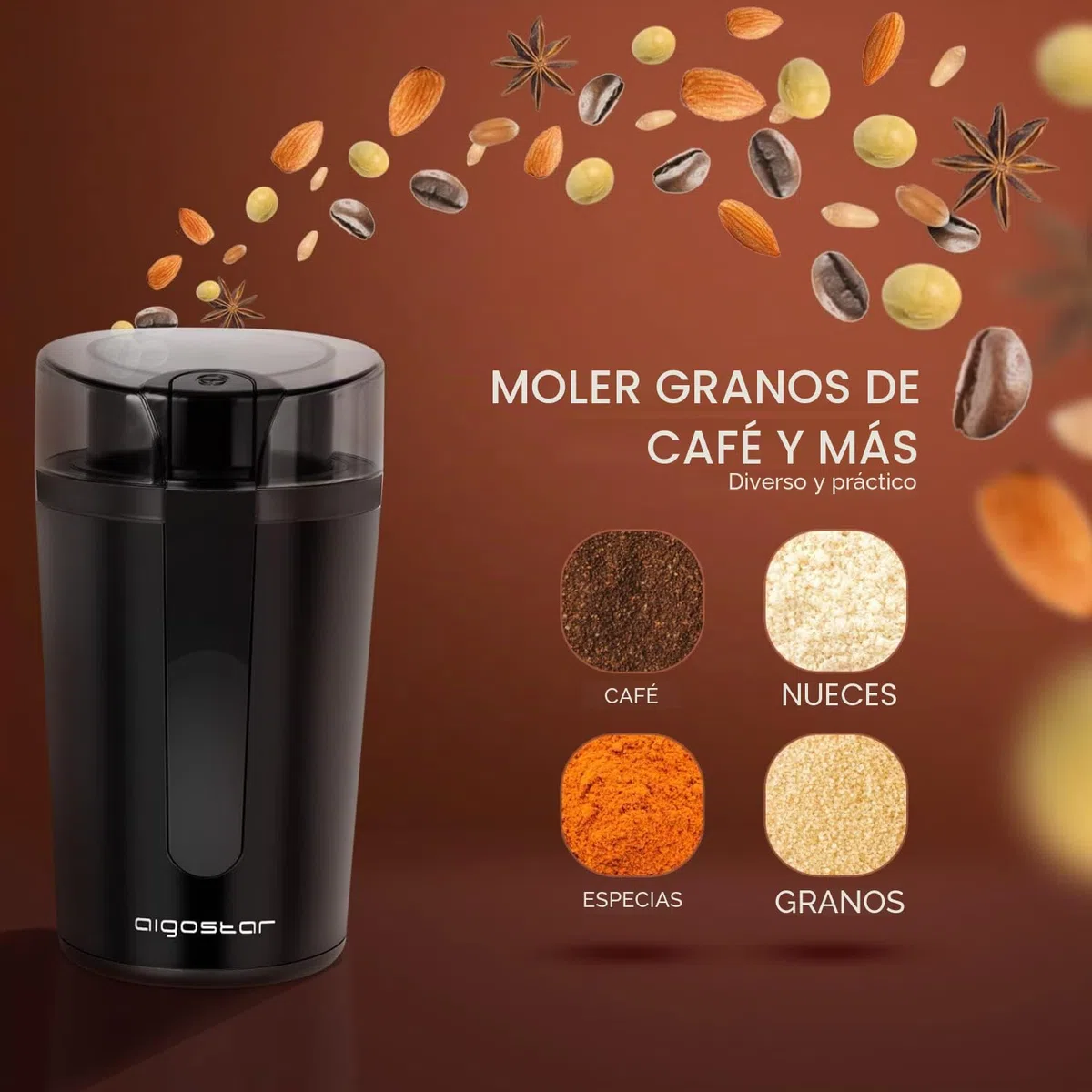 Aigostar Molinillo de Café Eléctrico, con Cuchilla de Acero Inoxidable, Semillas Especias Frutos Secos Molinos de Cuchillas de 200W Potencia, Capacidad 60gr con Cepillo para Limpieza, Libre de BPA