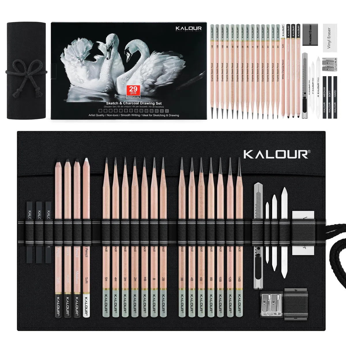 KALOUR Kit profesional para bocetos y dibujo al carbón, 29 piezas, suministros de arte con 14 lápices de grafito, herramientas de carbón y bolsa de lona