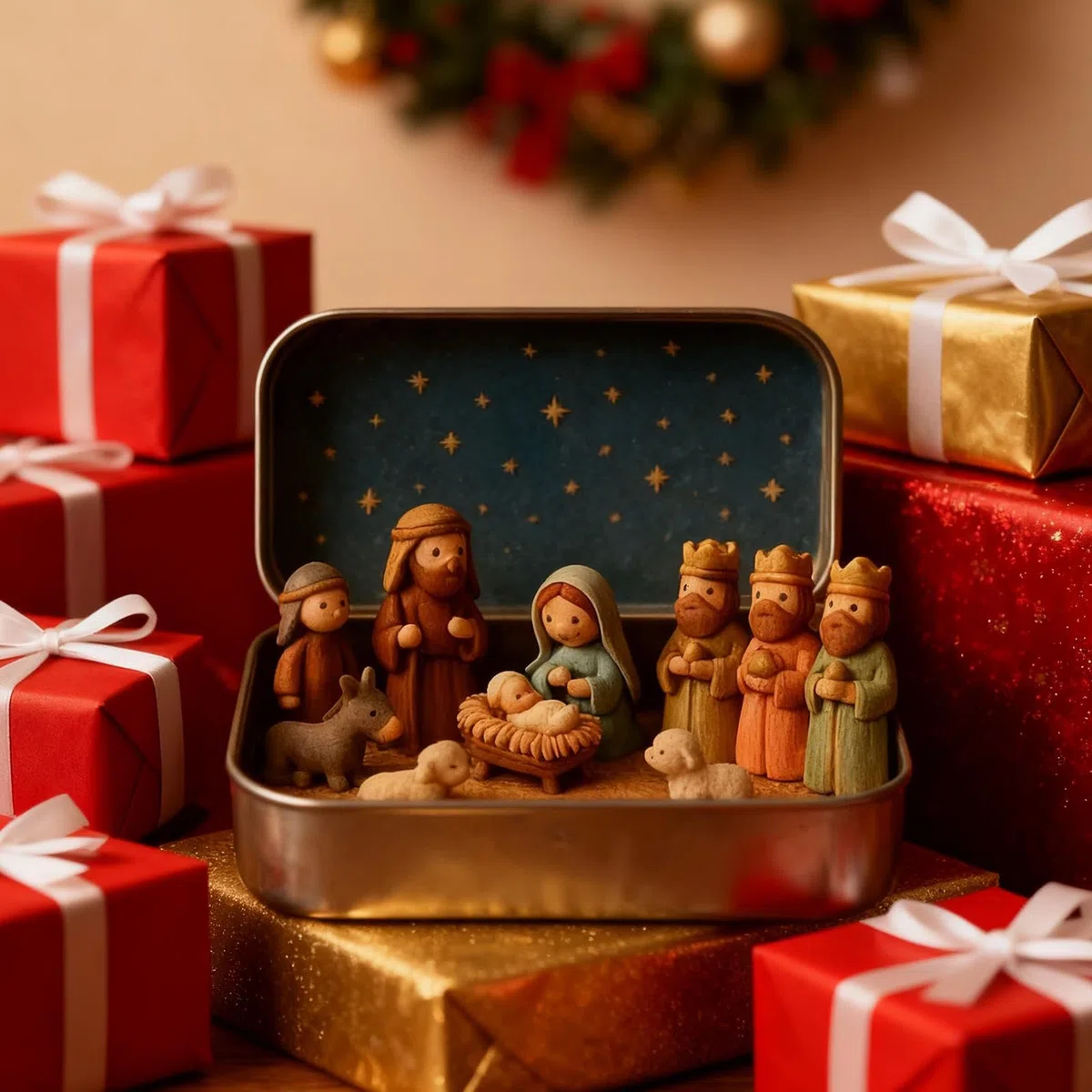 Belén bolsillo | Conjunto Natividad | Belenes navideños en miniatura en caja hojalata | Escena Belén bolsillo | Exhibición portátil figuras ovejas y Jesús Sagrada Familia para decoración interiores