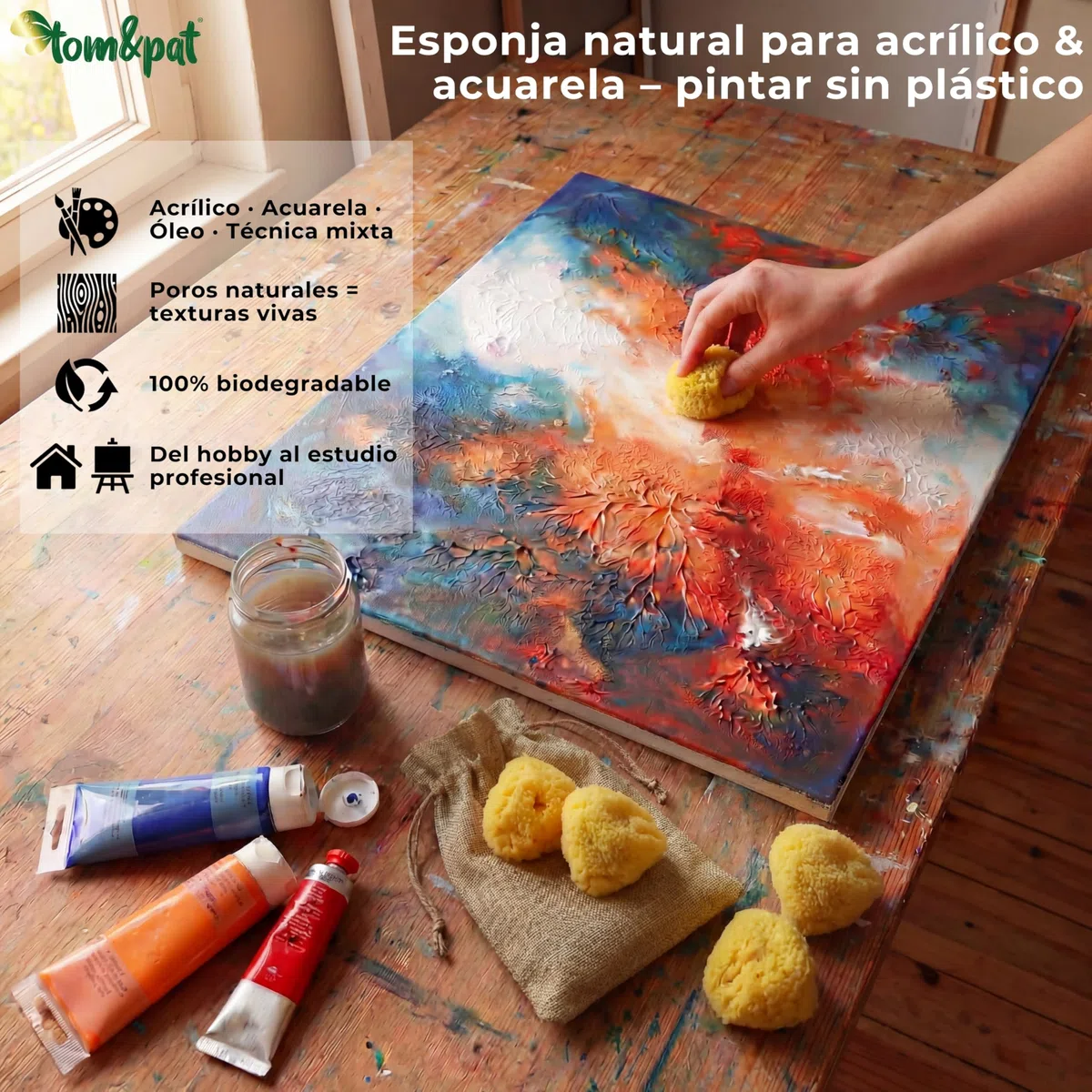tom&pat® Esponja Natural para Pintura • para Escuela y Manualidades • niños y Artistas • acrílico y Acuarela • Dermatest excelente • Lavable y Reutilizable • Calidad mediterránea Grecia (5 x 3-7 cm)
