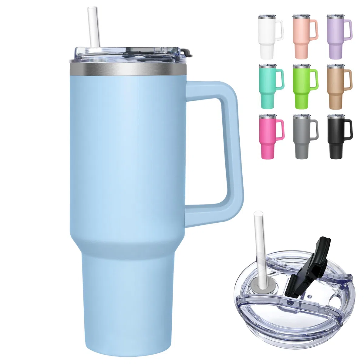 Taza de Cafe con Tapa 2 en 1, 1180 ml Taza Termo Cafe Para Llevar, Vaso Termico con Tapa y Pajita, Travel Mug de Acero Inoxidable con Asa