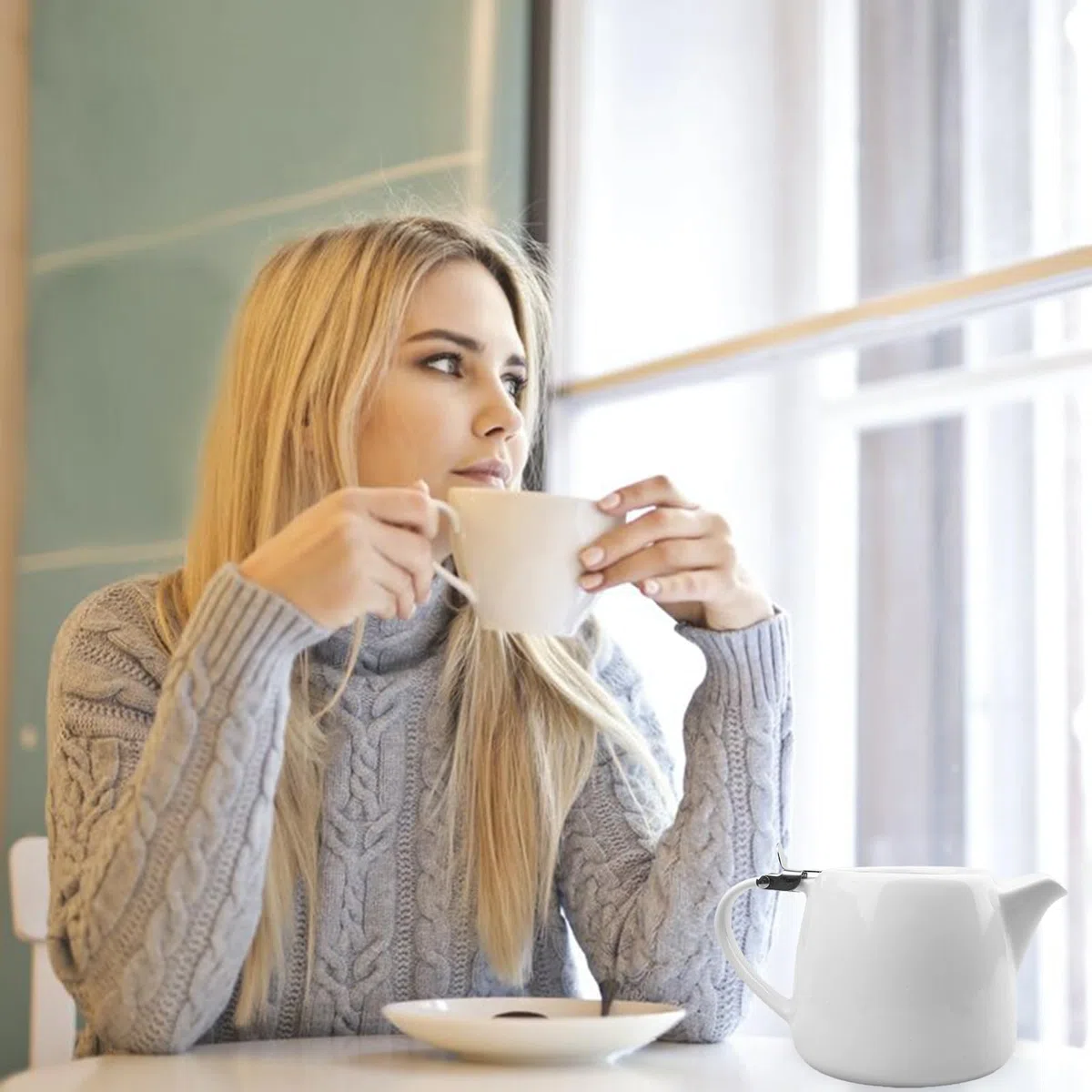 Tetera de porcelana: cafetera de cerámica blanca con colador, tetera de cerámica de 500 ml con tapa de acero inoxidable, tetera para café, vajilla de porcelana, tetera