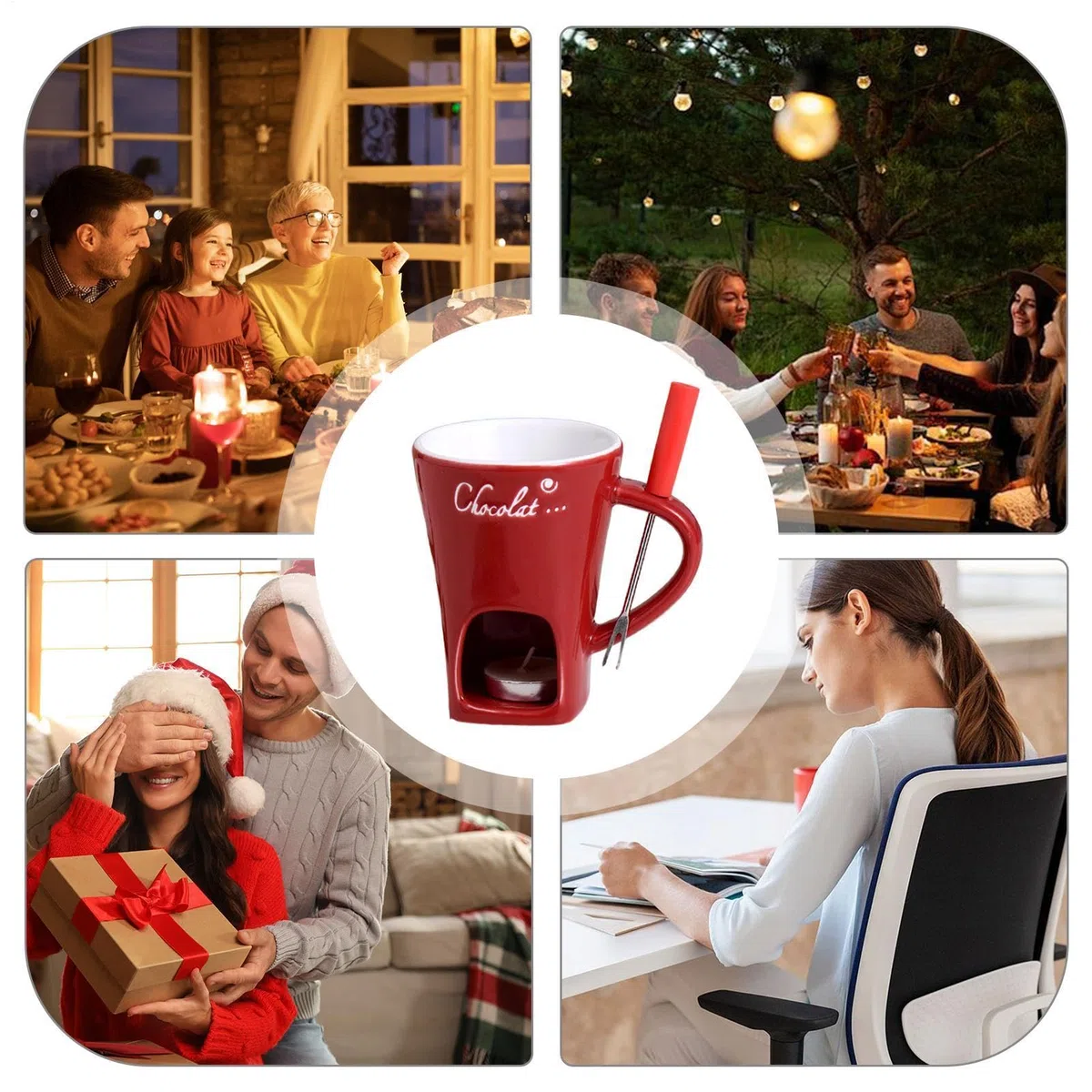 Genérico Tazas De Fondue De Chocolate, Taza De Café De Cerámica para Fondue De Chocolate con Tenedores, Tazas para Derretir para Mantequilla De Queso Y Chocolate