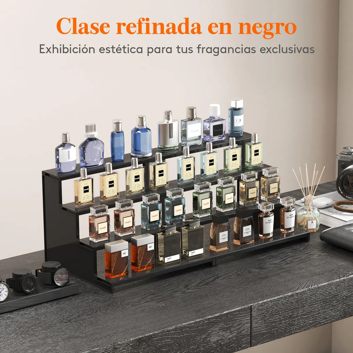 Lifewit Expositor Perfumes 4 Niveles, Estante Perfumes Verticales de Plástico, Expositor Metacrilato para Figuras Pop, Magdalenas, Cosmético, 1 Paquete, Negro, 30 cm