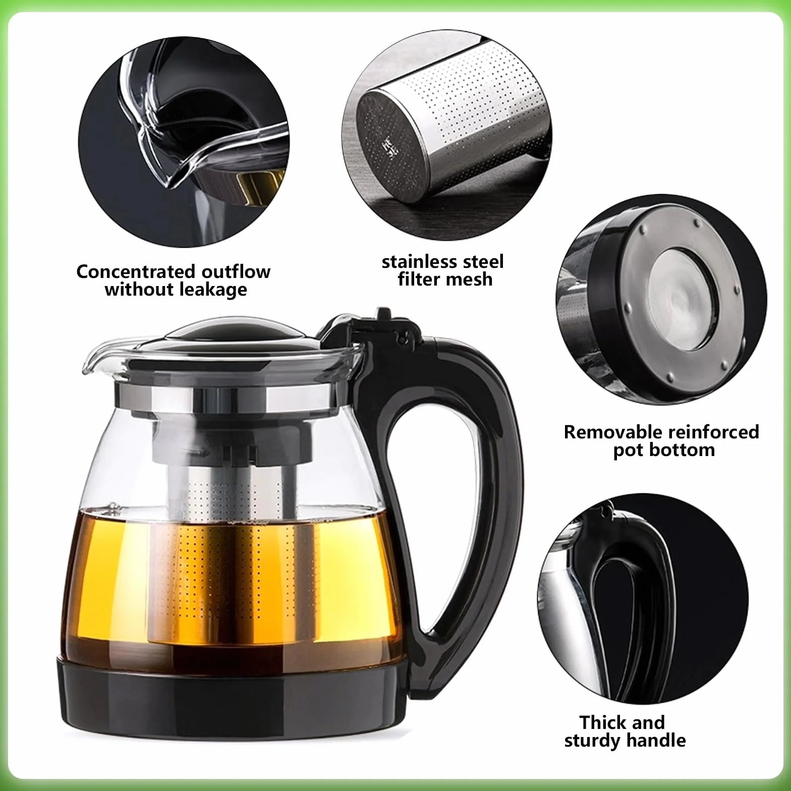 Tetera de cristal de 2 litros, resistente al calor, con colador de acero inoxidable y cepillo de limpieza, para té suelto, té verde, té de hierbas