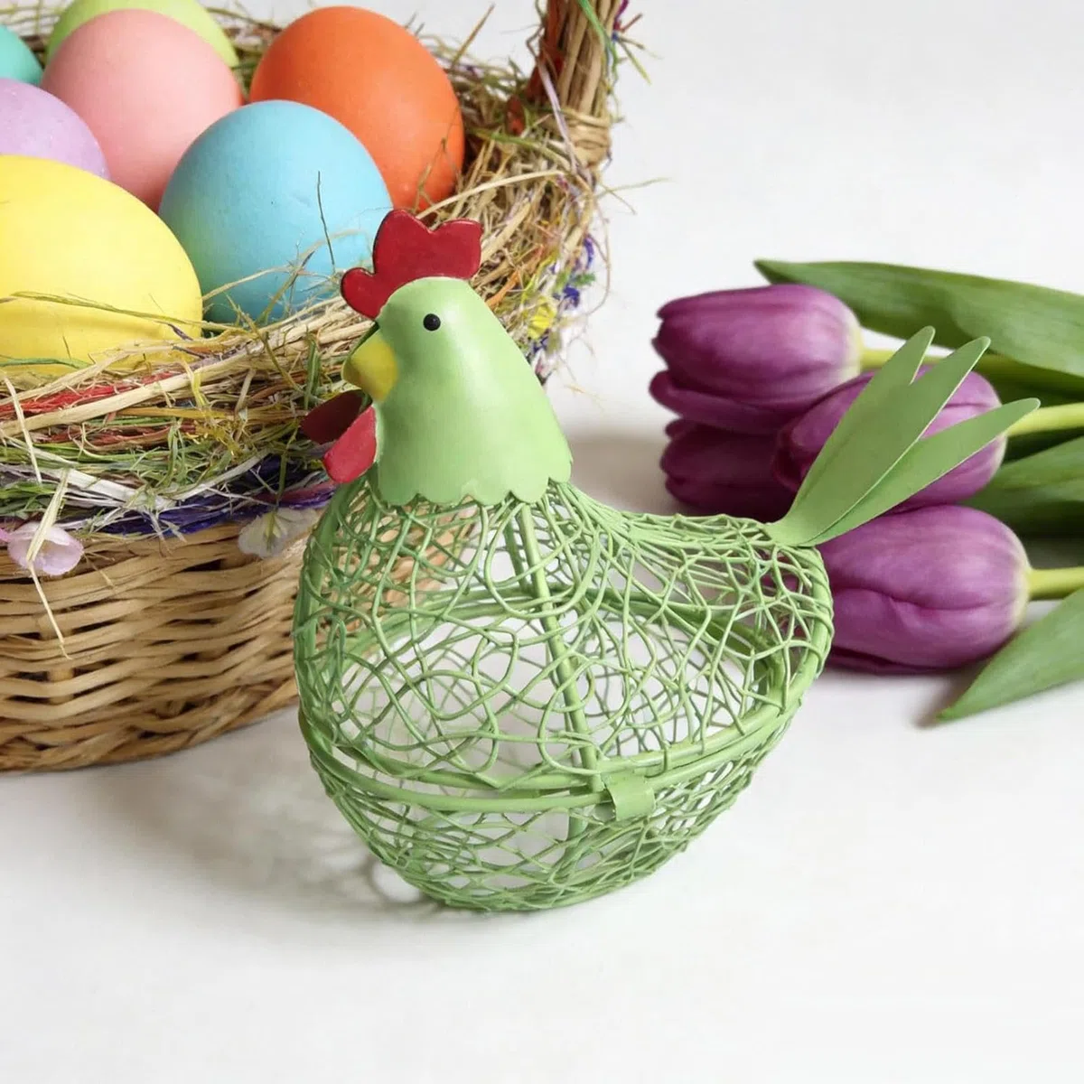 Cesta para Huevos,Decoración Rústica de Cocina en Metal | Almacenamiento con Forma de Gallina Recolector de Huevos | para Jardín, Patio Trasero, Pascua, Encimera y Mesa, Estilo Granja