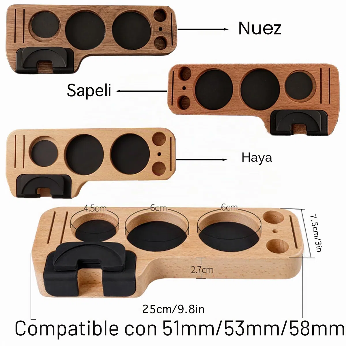 Coffee Tamper Station de madera, 3 variantes: Sapele, haya, nogal (haya)