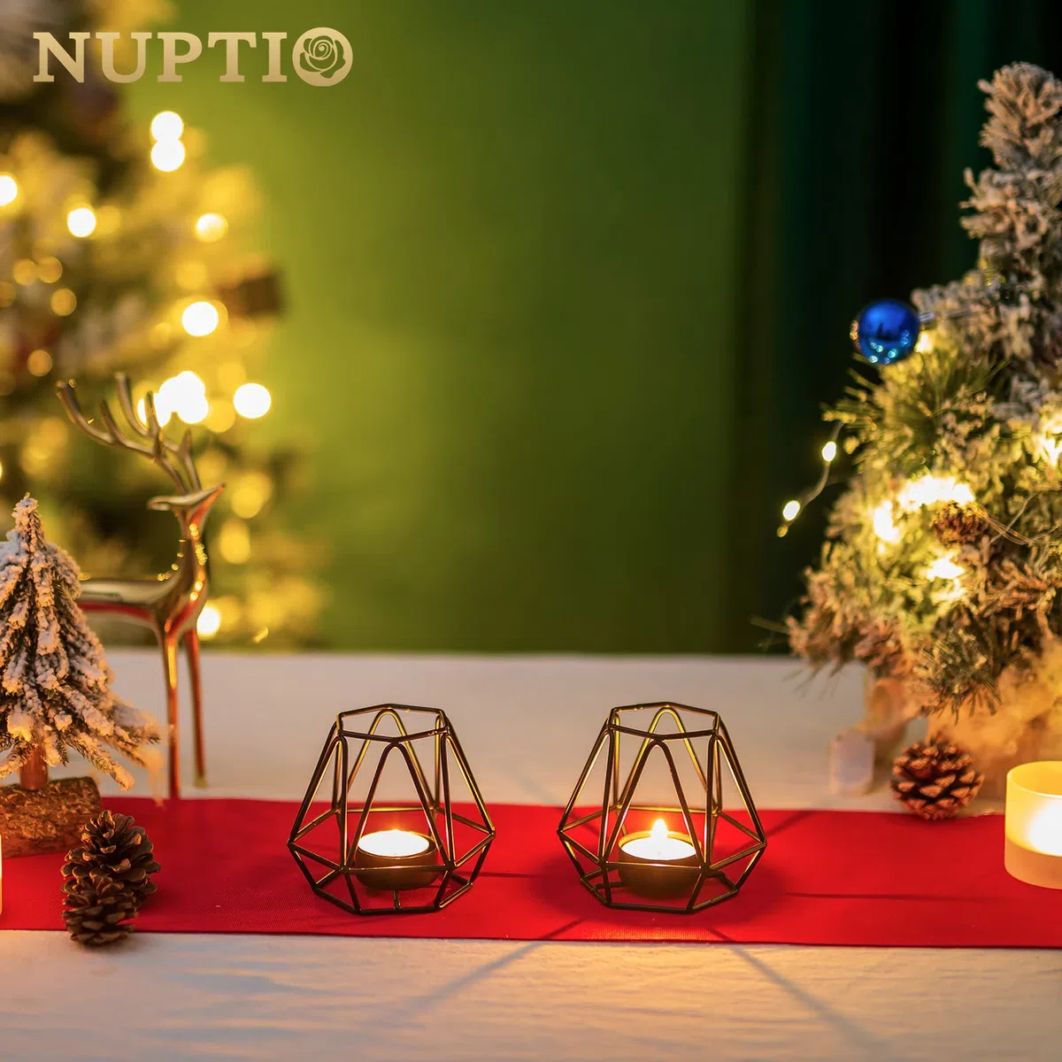 Nuptio 2 Piezas Candelabros Luz Té, Candelabro Té Negro, Candelabros Votivos Candelita Geométrica Hexagonal Metal para Bodas Hogar Sala Estar Mesas Café Decoración, Adornos para Fiesta Navidad