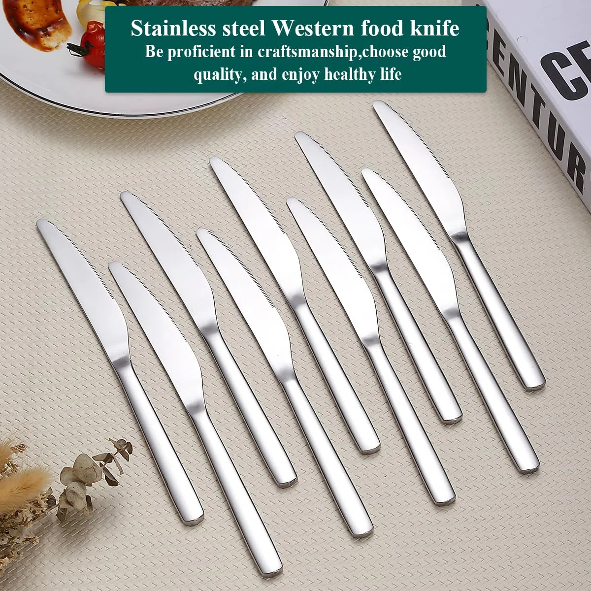Evanda Cuchillos de mesa 12 Piezas, cuchillos de mesa de acero inoxidable, cubiertos Cuchillos para mantequilla Juego de cubiertos, juego de cubiertos, apto para lavavajillas