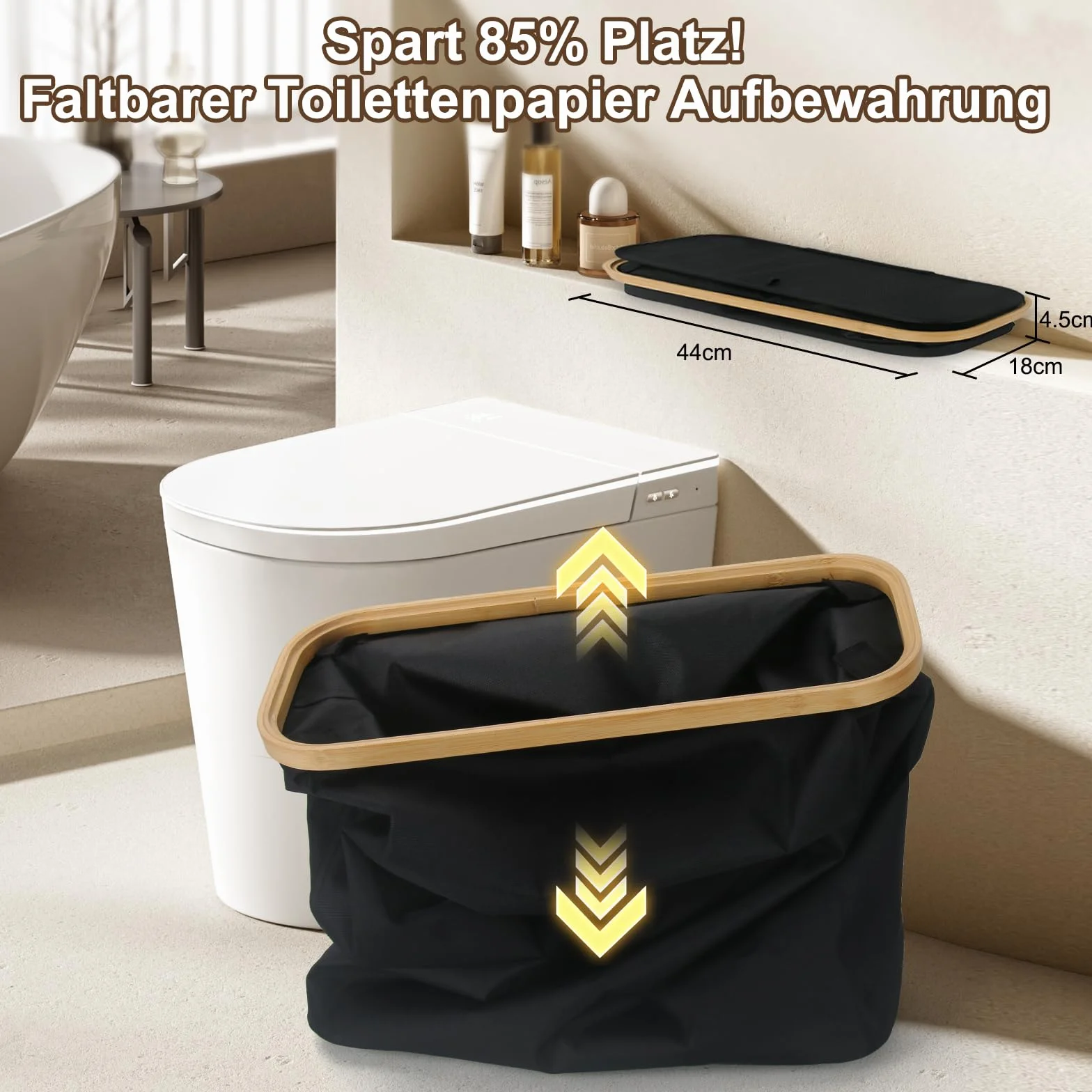 45L - Cesta de almacenamiento de papel higiénico con tapa, grande, color negro, resistente al agua, para 18 a 24 rollos, organizador de papel higiénico de bambú