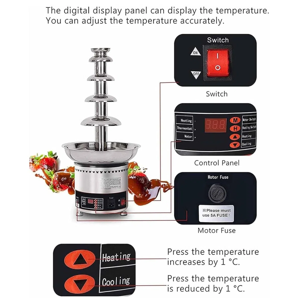 Máquina de fuente de chocolate, fuente de fusión eléctrica de 4/5/6 niveles con temperatura ajustable, cascada de fondue de acero inoxidable para fiestas, restaurantes y bodas