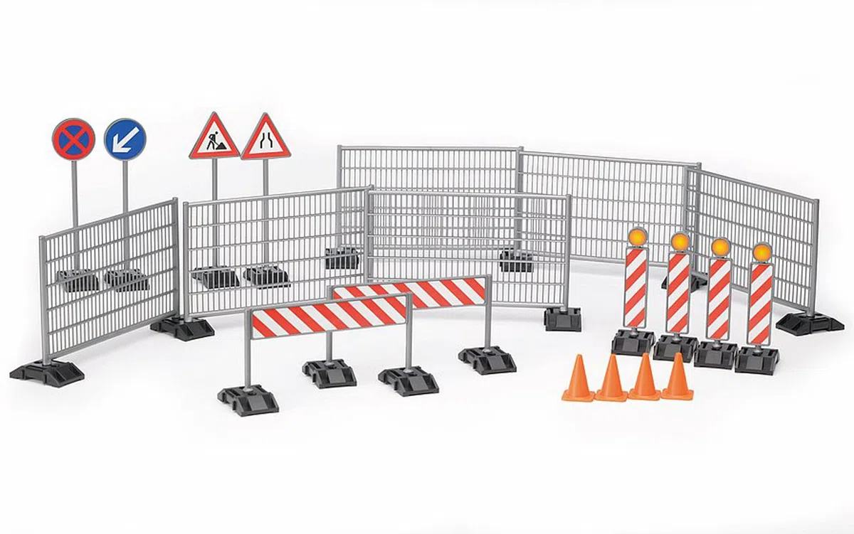 bruder 62007 - Accesorios Kit de construcción, vallas, señales y pilones - 1:16 Obras, Construcción de carreteras, Obras públicas, Vehículos de construcción, Juguetes