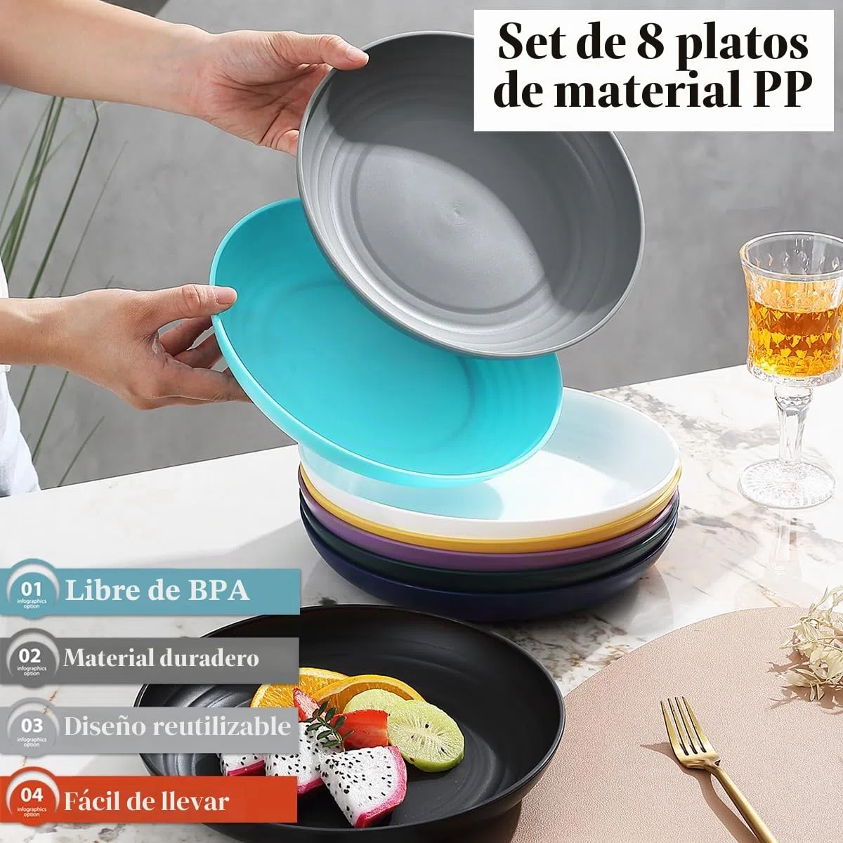 Kyraton gran placa de plástico profundo 8 piezas, Platos planos, platos ligeros irrompibles y reutilizables Pasta y albóndigas Tazón para microondas