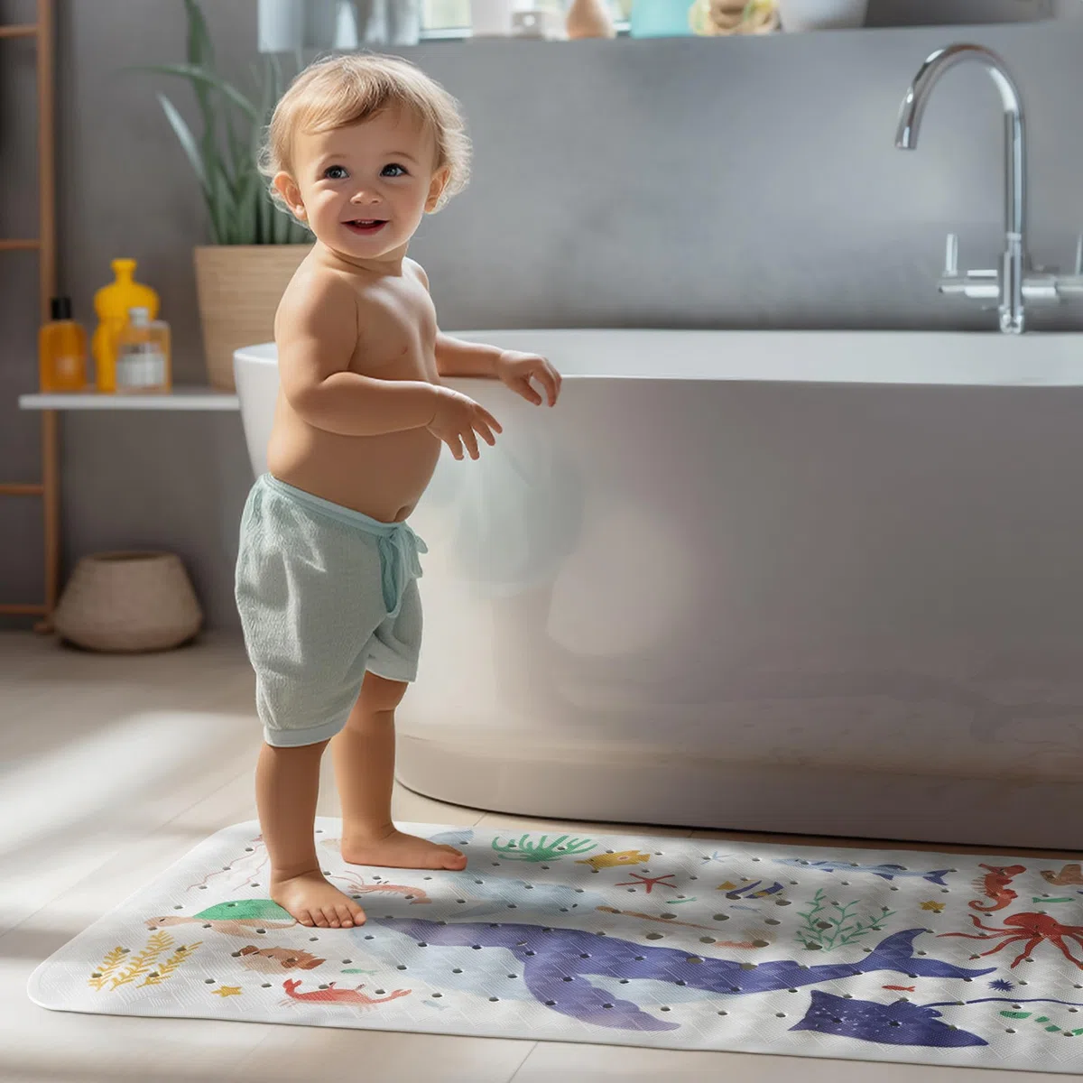 Navaris Alfombra de Baño para Niños - Alfombrilla Antideslizante de Bañera Infantil para Niños y Bebe con Motivos Naturaleza Marina - de 100 x 40 cm