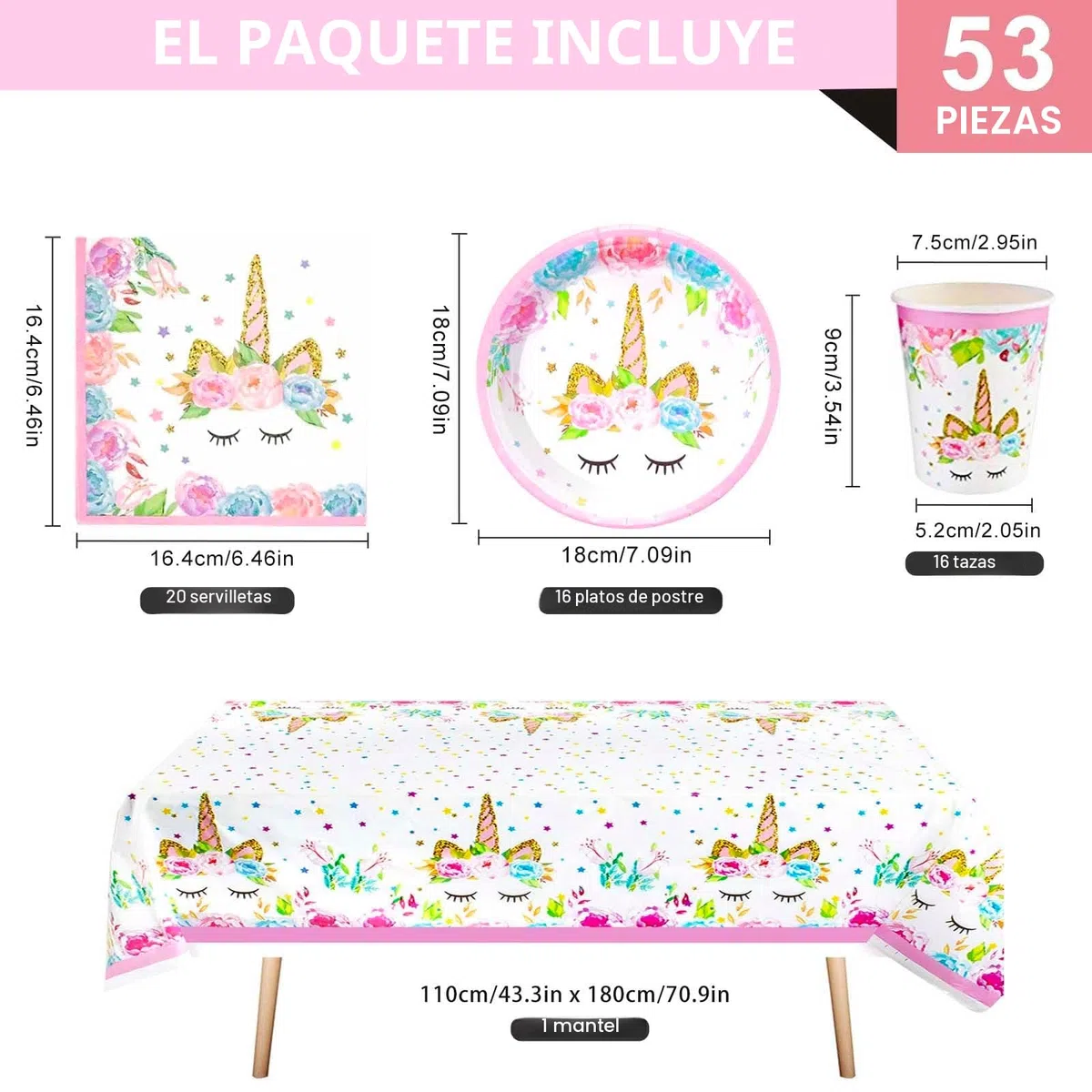 Bikasun Juego de vajilla de fiesta de unicornio, juego de 16 platos de unicornio, vajilla de cumpleaños infantil, platos de papel, tazas, servilletas, mantel, decoración para fiestas
