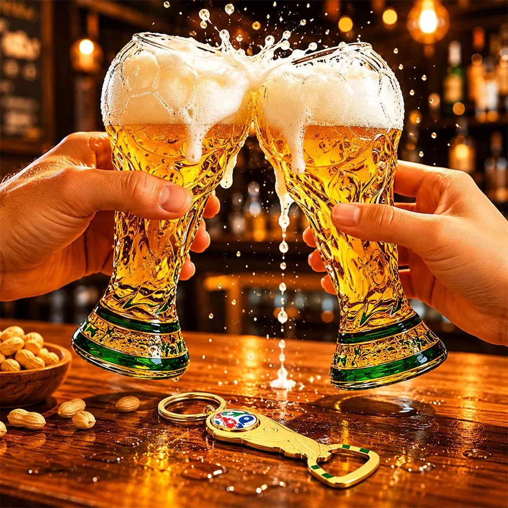 Jarra de Cerveza de Fútbol, 500 ml Trofeo de Cerveza para Fiestas con Abridor de Botellas en Forma de Trofeo para Cerveza, Cócteles, Bebidas y Fiestas de Fútbol (Versión transparente)