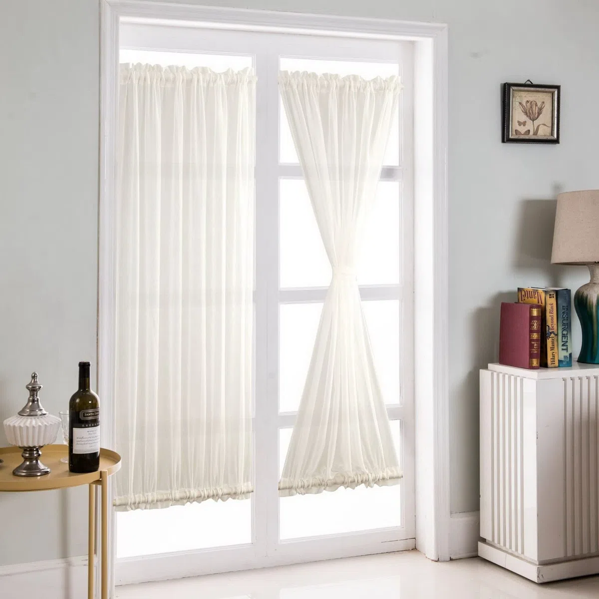 A.Monamour Cortina Cocina Ventana Puerta Corta Pequeña 2 Paneles Cortina De Puerta Francesa De Gasa Voile Transparente Translúcida Blanca Bolsillo para Varilla Panel Cenefa Rustica Bistro