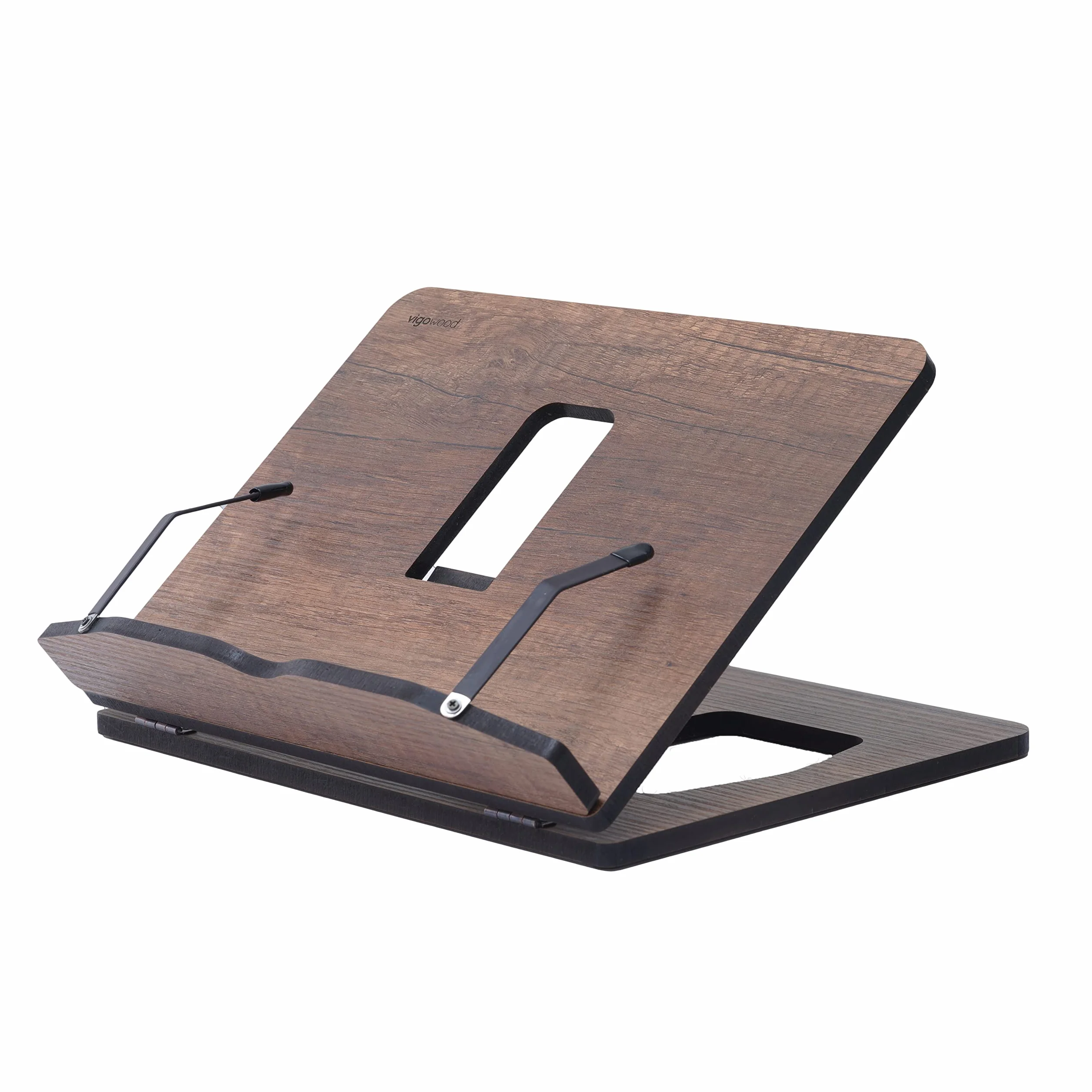 Vigo Wood Atril de Madera - MDF Premium de 8 mm, Diseño Plegable y 5 ángulos de lectura diferentes - Mejora tu Experiencia de Lectura, Úsalo como Soporte para Libros de Cocina, Recetario (Nogal)