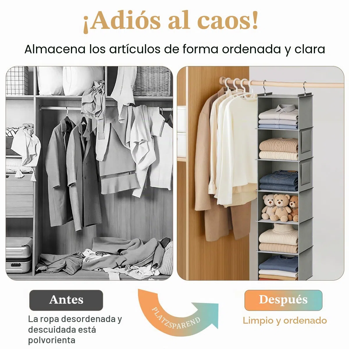 JSMTKJ Organizador Armario, Organizador Colgante 6 Compartimentos Plegables para Ahorro de Espacio, Ganchos de Metal Reforzados para Armario o Dormitorio