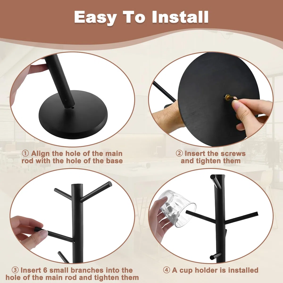 Portavasos Bambú con 6 Ganchos, Soporte Tazas Café con Base Engrosada, Copa Árbol, Estante Almacenamiento, Organizador Colgar para Encimera, Mostrador, Cocina, Oficina, Barra Cafe, Hogar (Negro)
