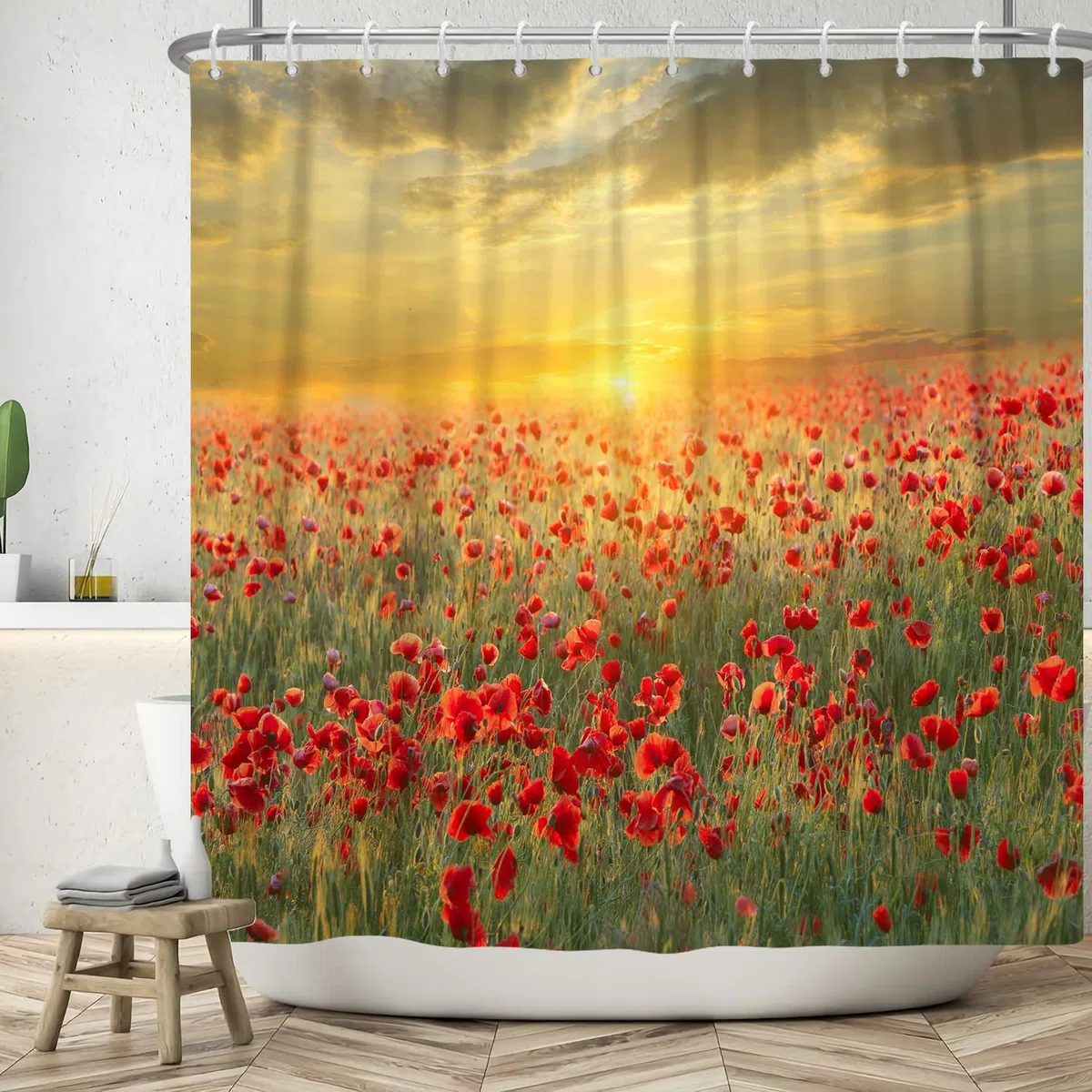 152x183cm Cortina de Ducha de Flores Otoño Puesta de Sol Jardín romántico Cortina de baño 3D Flor roja Impresión Cortinas de Ducha Cortina de bañera botánica Impermeable