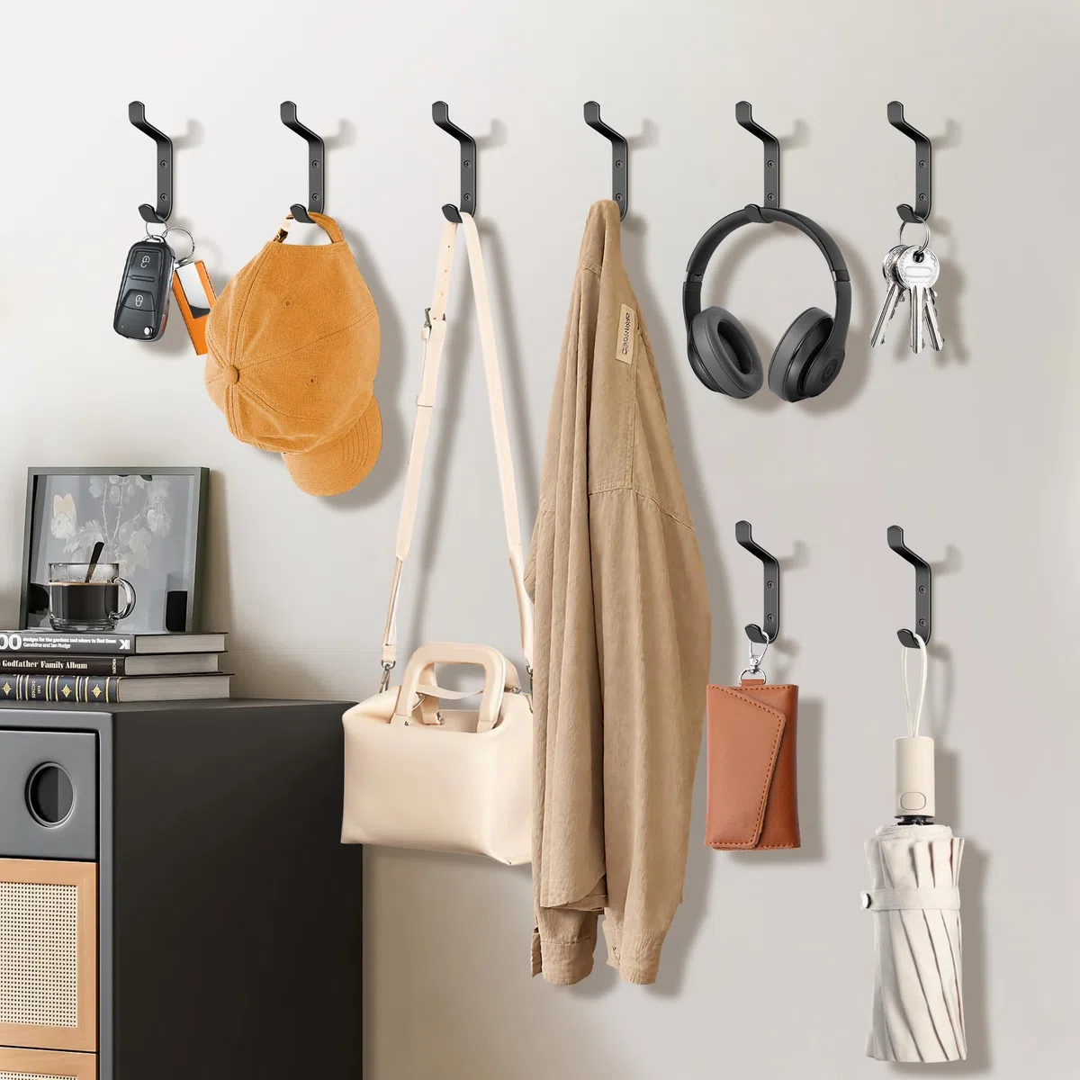 Percheros Pared con 8 ganchos, Ganchos para Abrigos Negro Pared Ganchos de Pared Colgadores Ganchos Perchero para Entrada, Cocina, Baño