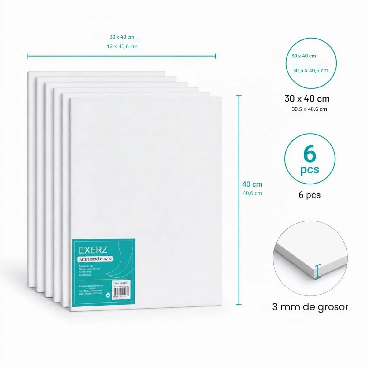 EXERZ 30x40cm Paneles de Lienzos 6 piezas - 0,3cm de Espesor / A3 Lienzos 280GSM / 100% Algodón - Color Blanco/Triple Preparado/Libre de Acido/Hebra Media / - acrílicos & óleo