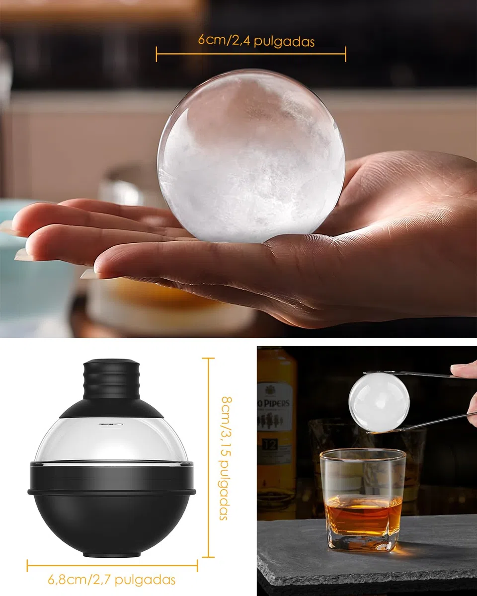 Cubiteras para hielo grande de silicona para whisky - Set de 4 con tapa de embudo 2 en 1 - Moldes de cubitos de hielo redondos de 6cm para cócteles de bourbon - Liberación fácil - Large ice cube tray