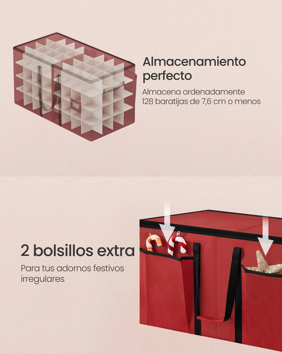 SONGMICS Caja Almacenaje de Adornos Navideños, 7,6 cm 128 Ranuras, Caja Apilable para Adornos Navideños con Tapa, Cremallera Doble, Separadores Ajustables, Tela no Tejida, Rojo Cereza RFB039R01