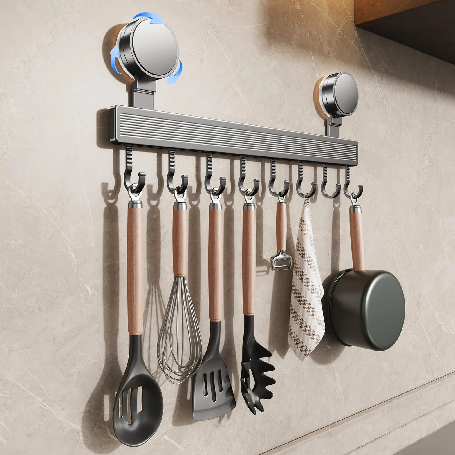 Barra de ganchos para cocina sin taladro con ventosa | 8 ganchos, 40 cm de largo, capacidad de carga de 20 kg, instalación en 1 minuto | Barra desmontable para utensilios de cocina