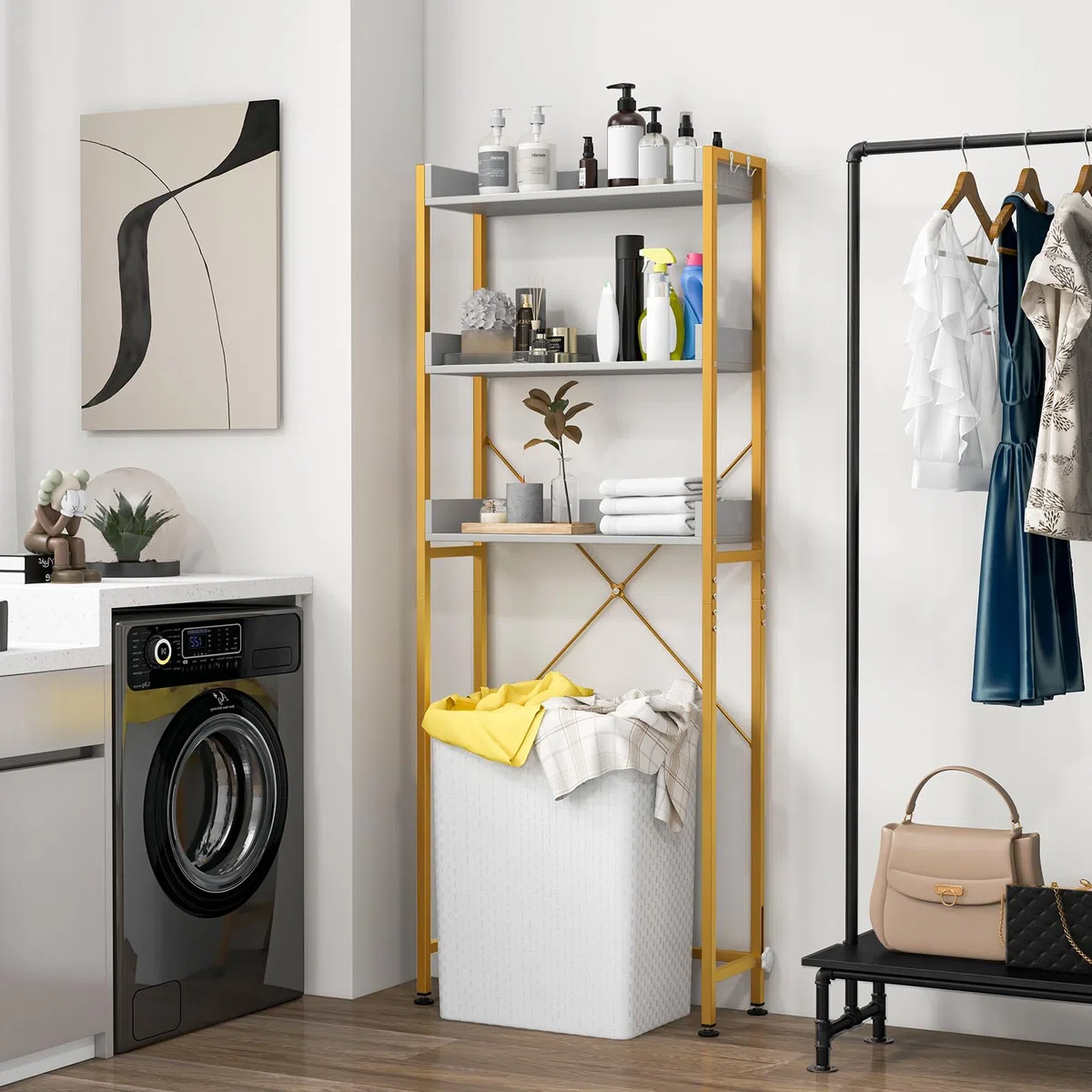 COSTWAY Estanteria sobre Inodoro WC, Estantería de Almacenamiento de 3 Niveles para Baño con 4 Ganchos y Barra Inferior Ajustable, Estantería Multiusos para Baño Lavadero (Blanco + Dorado)