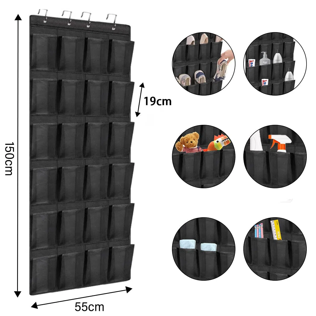 24 bolsillos para zapatos colgantes, almacenamiento suspendido, encima de la puerta, armario de pared, grandes bolsillos de malla negros