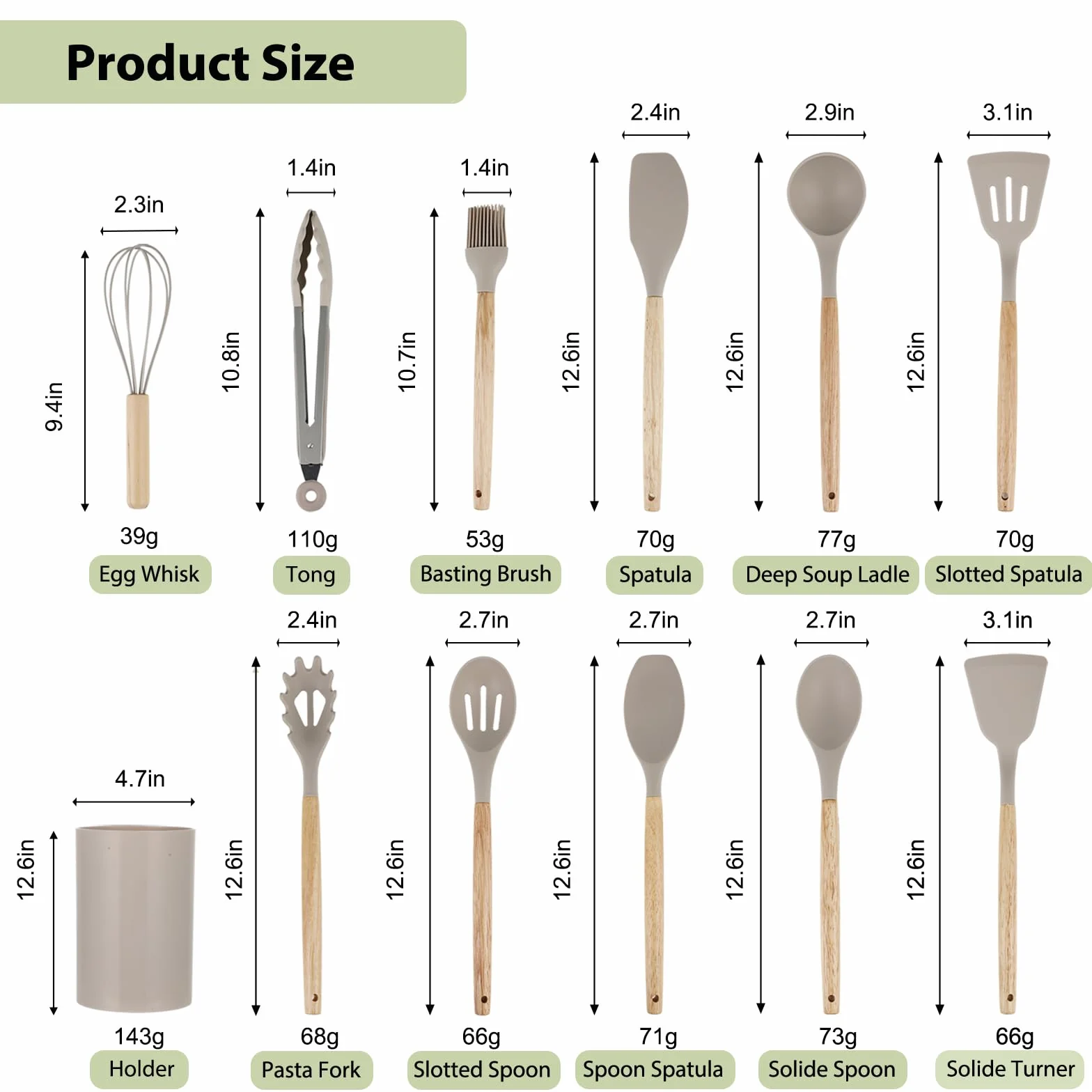 Juego de Utensilios de Cocina - Set de 12 Piezas de Silicona con Caja de Cubiertos y Mango de Madera - Resistente al Calor, Antiadherente y Apto para Lavavajillas - Utensilios de Cocina (Caqui)