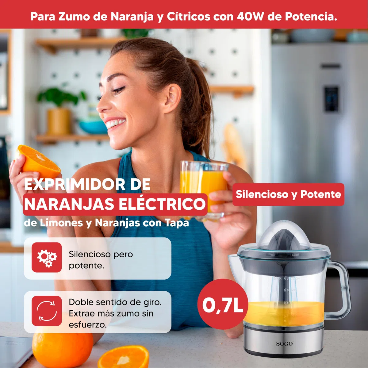 SOGO Exprimidor de Naranjas Eléctrico Silencioso y Potente - Exprimidor Eléctrico de Limones y Naranjas con Tapa -Para Zumo de Naranja y Cítricos con 40W de Potencia y 0,7L de Capacidad