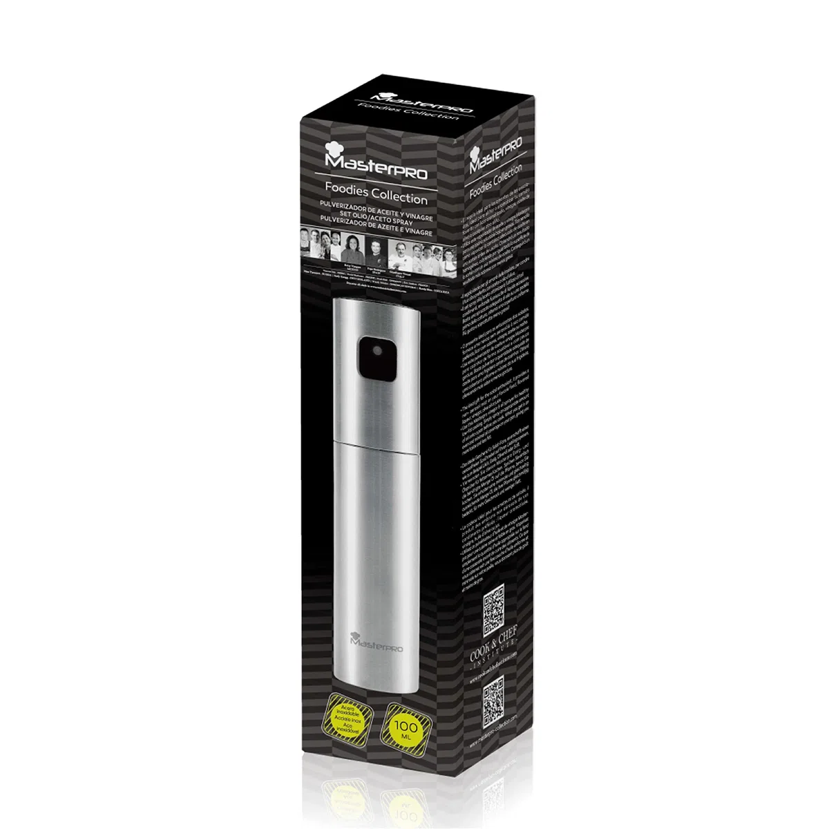MasterPro Foodies - Pulverizador de Aceite - Spray de 100ml de Capacidad y 4x17,5cm - Fabricado en Acero Inoxidable - útil Para Freidora de Aire - Resultado Homogéneo
