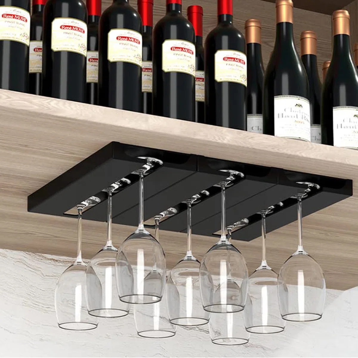 4 Piezas Soporte para Copas de Vino Colgante, Estante Copas Vino Debajo Gabinete, Colgador Copas Sin Taladrar, Estante Colgar Copas Autoadhesivo para Hogar Bar Cocina Restaurante (Negro)