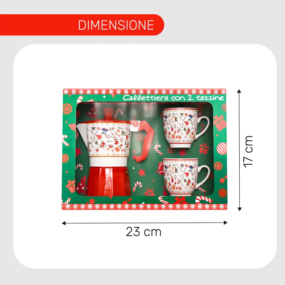 ICE TOYS Juego de café con cafetera de aluminio y 2 tazas de cerámica, altura 14 cm, ideal para regalo de Navidad