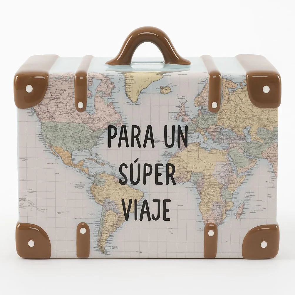 Hucha Decorativa Maleta Ceramica - para un Super Viaje, 14,7 x 13 x 7,1 cm. Hucha con Tapa.