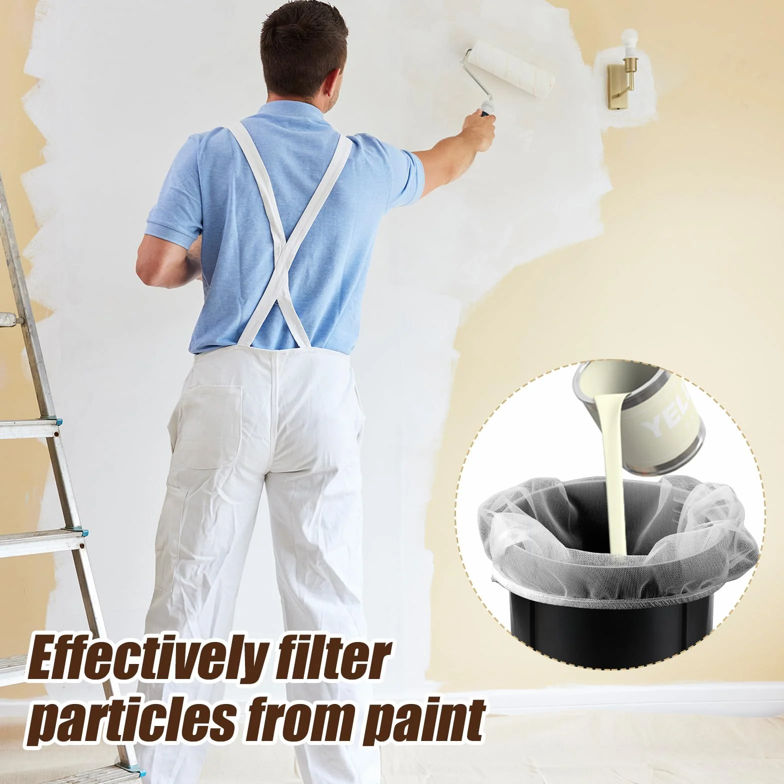 6uds Colador de Pintura 1 Galón, Color Blanco Colador de Cubo de Pintura con Espátula de Plástico Bolsa de Filtro de Malla Fina para Pintura y Líquido para Jardinería con Pintura