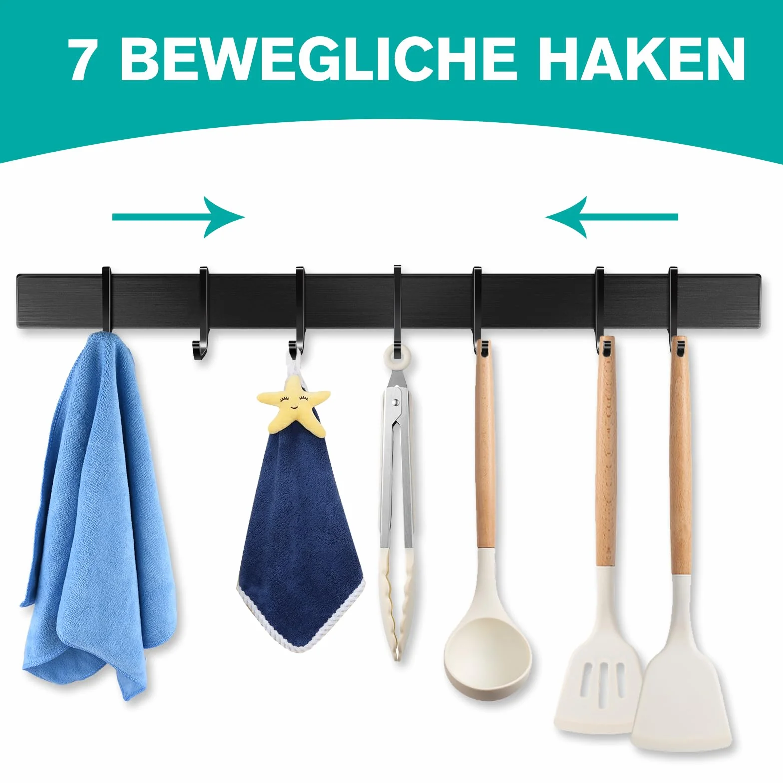 Soporte para utensilios de cocina sin taladro, barra de herramientas de cocina con 7 ganchos móviles, soporte de utensilios de cocina adhesivo, alumini,negro