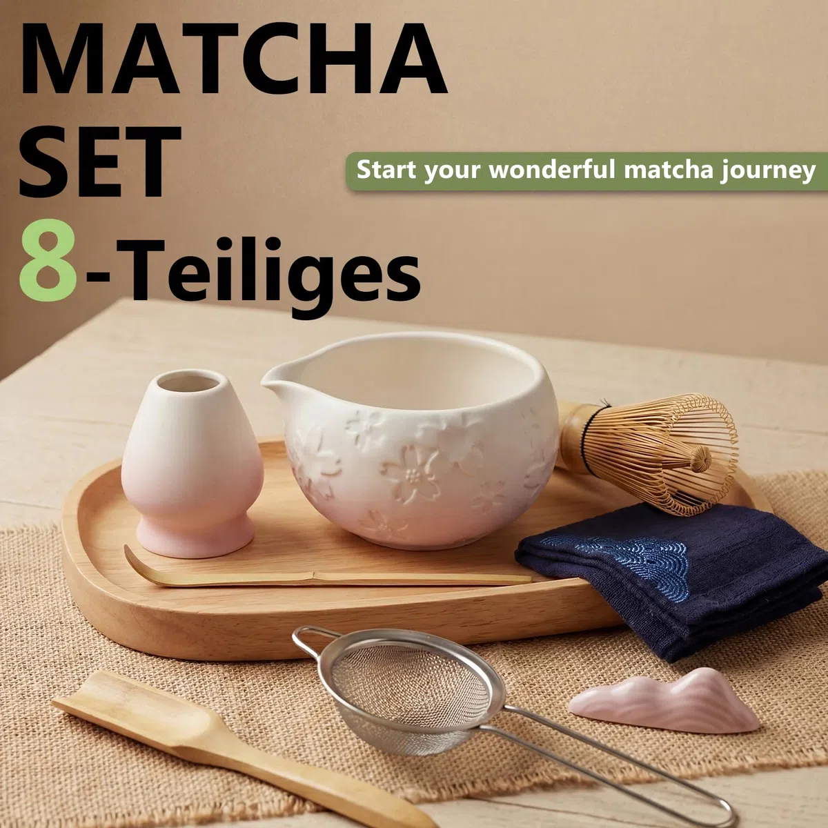 8 piezas Matcha Kit, Kit Té Matcha Con Cuenco Pico Matcha, Batidor Matcha,Cuchara, Tamiz, Soporte para Batidor, Kit Matcha Completo Regalo para Amantes el Matcha, Blanco Rosa