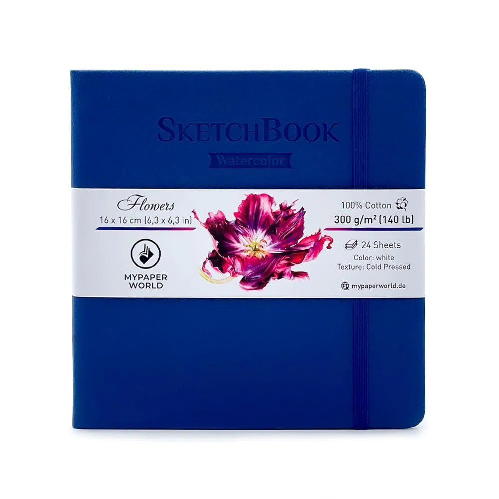 Mypaperworld Cuaderno de dibujo cuadrado de acuarela, 300 g/m², 100% algodón, 16 x 16 cm, sin ácidos, 24 hojas, 48 páginas, prensado en frío, azul oscuro