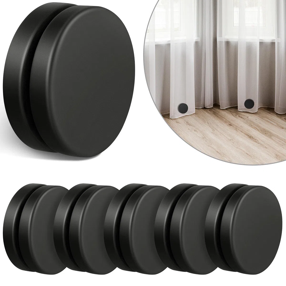 Jetec Pesos de Cortinas Redondos Magnéticos Pesos de Cortinas de Ducha Imanes de Mantel Fuertes Pesos Magnéticos Impermeable para Mantel Cortina (Negro, 6 Pares)