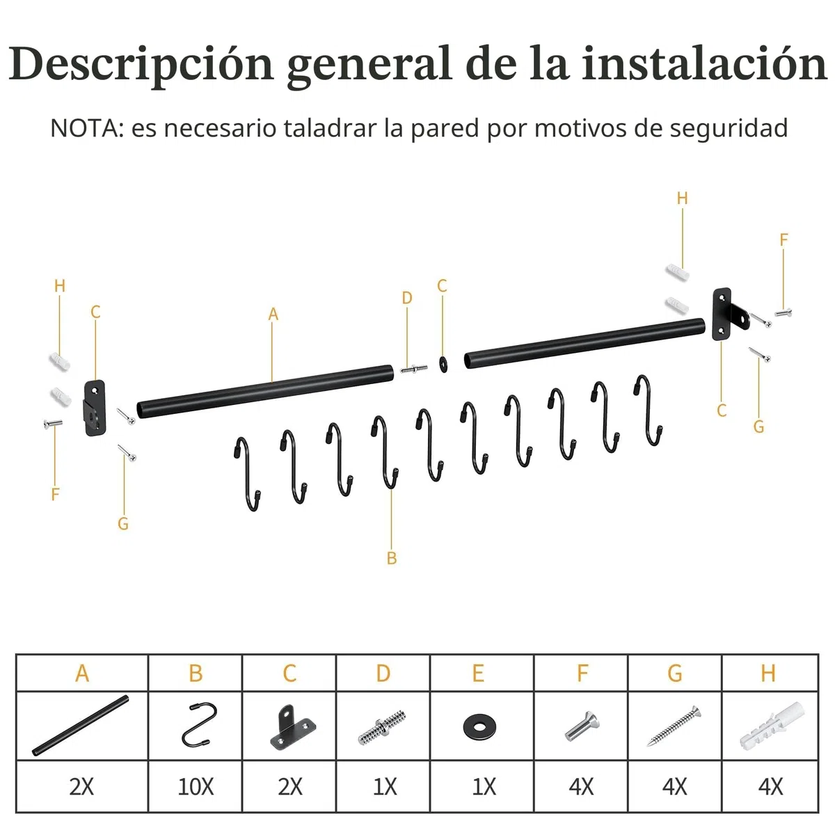 KINGRACK Percha de cocina y barra colgante, toallero de baño, colgador de pared, organizador para cuchillos, ollas y sartenes, con 10 ganchos en S