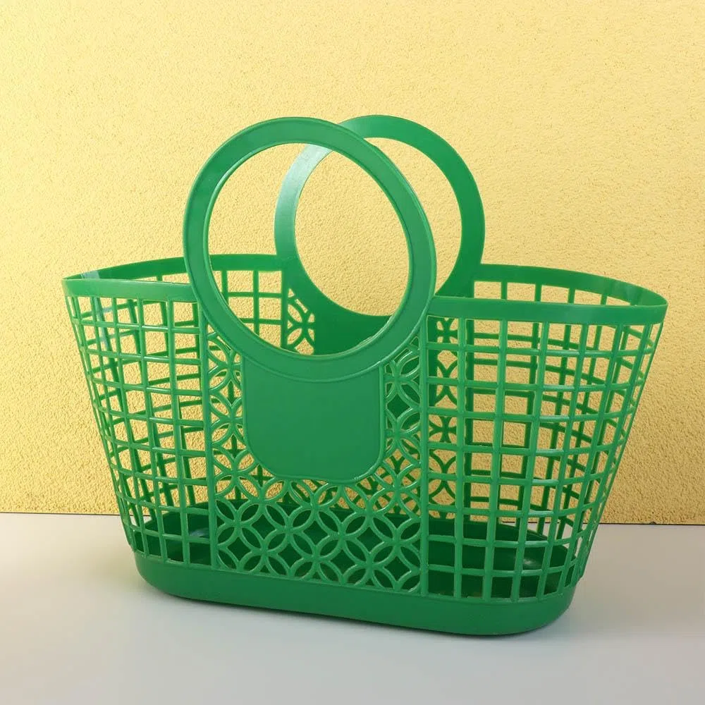Cestas de compras huecas, bolsos de playa reutilizables, bolso de playa de plástico de color, cesta de almacenamiento de verduras portátil, cesta de baño y ducha (amarilla)