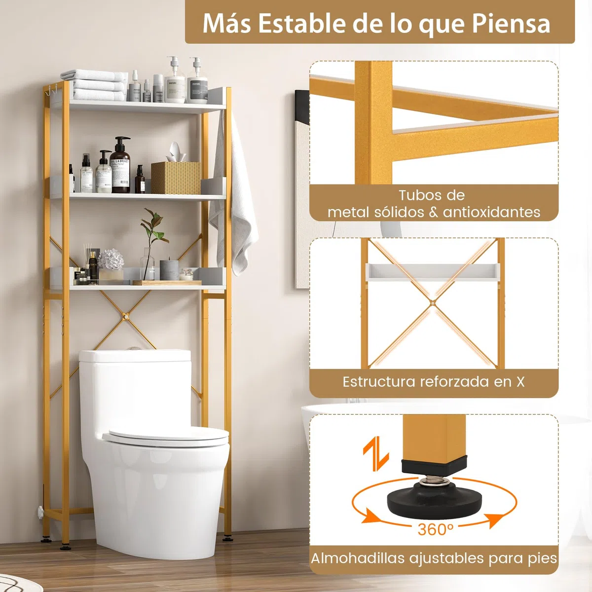 COSTWAY Estanteria sobre Inodoro WC, Estantería de Almacenamiento de 3 Niveles para Baño con 4 Ganchos y Barra Inferior Ajustable, Estantería Multiusos para Baño Lavadero (Blanco + Dorado)