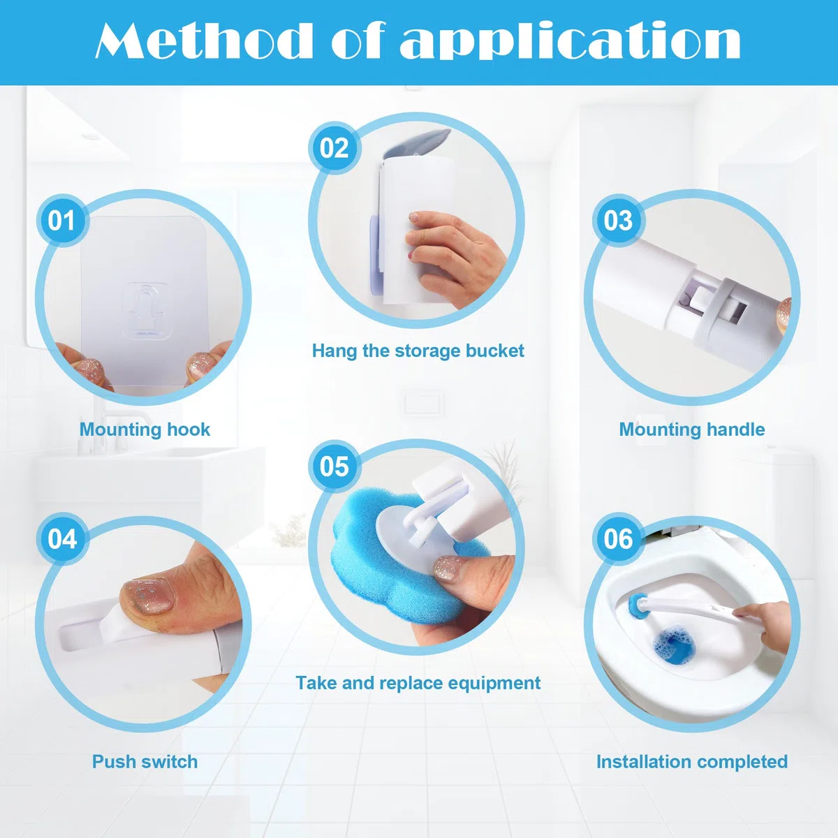 Escobillas de baño Desechables, Mangos Dobles extendidos y Soportes Dobles, Contiene 60 Cabezales de Cepillo detergente Desechables. escobilla WC para inodoros, bañeras, lavabos (Azul)