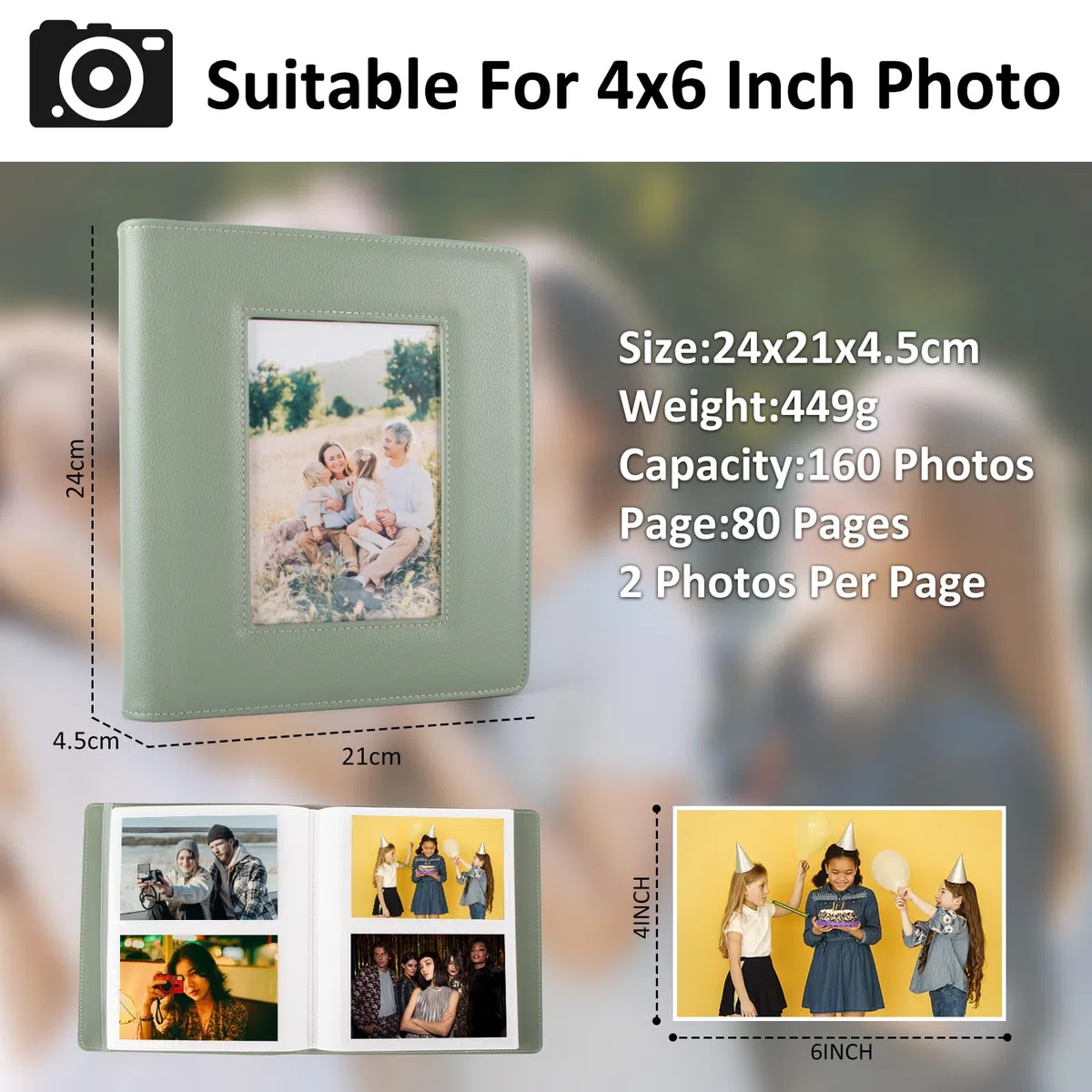 MUZIRI KINOKOO Álbum de fotos de tapa dura con 160 bolsillos para fotos de 4 x 6 pulgadas, piel sintética, gran capacidad, para fotos de 6 pulgadas, álbum de fotos conmemorativo de boda, aniversario