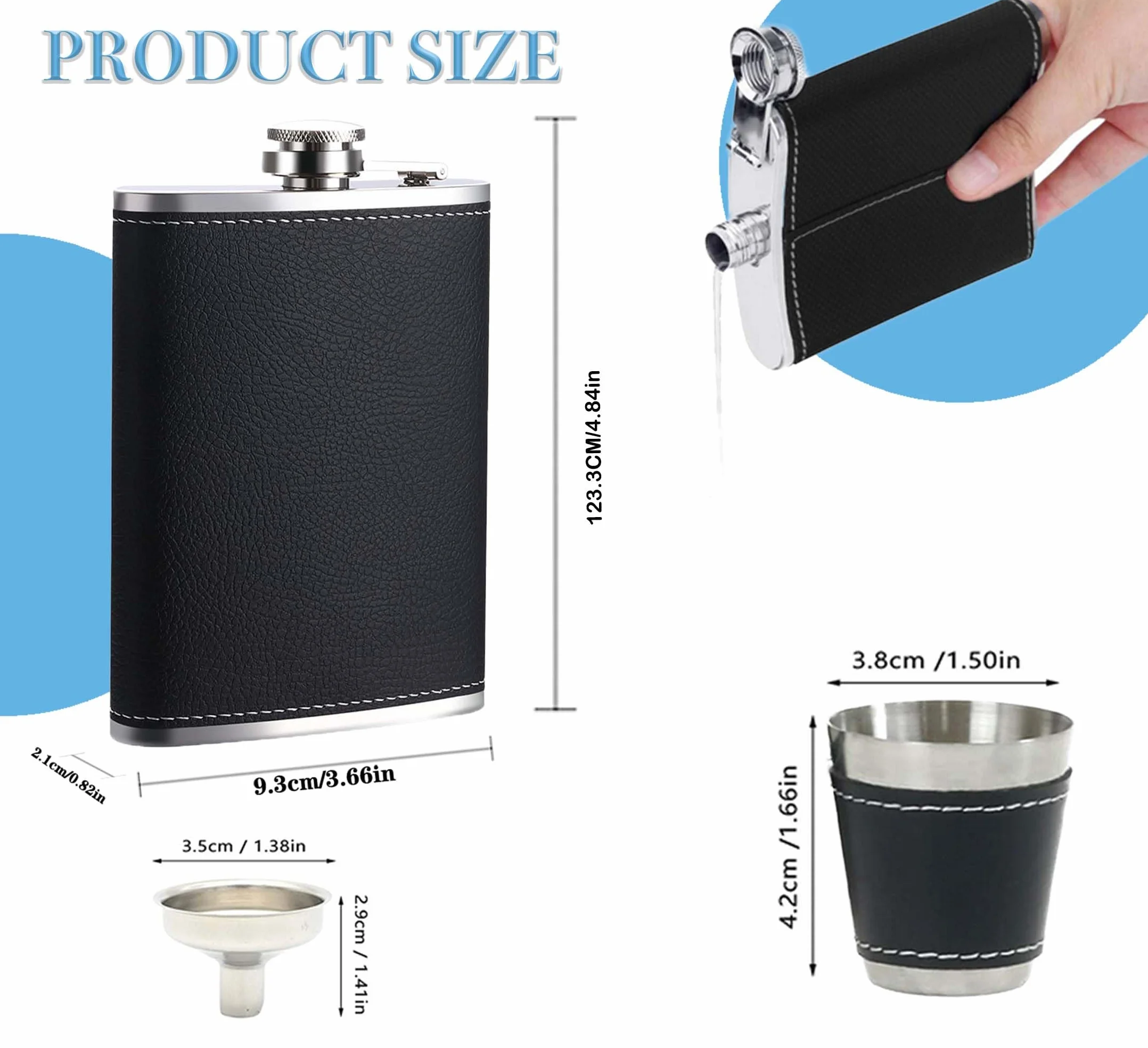 RUIXUE Petacas de alcohol de bolsillo para licores y whisky, 7oz / 200ml, Petaca de acero inoxidable negra,Petaca de licor,con 2 tazas y 1 embudo,Petacas de whisky para excursiones,viajes.